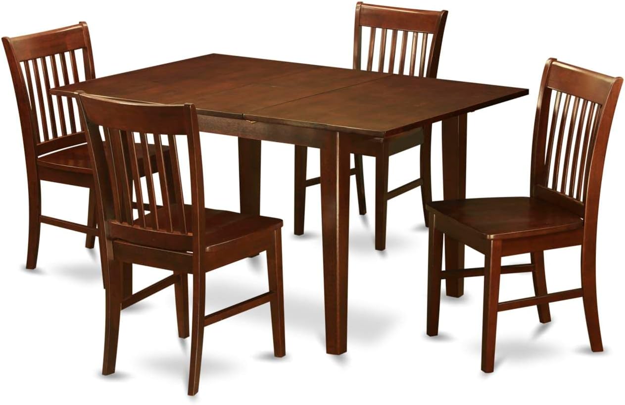 East West Furniture PSNO5-MAH-W 5 Piece Dining Table Set for 4 Includes a Rectangle Kitchen Table with Butterfly Leaf and 4 Dining Room Chairs, 32x60 Inch, Mahogany