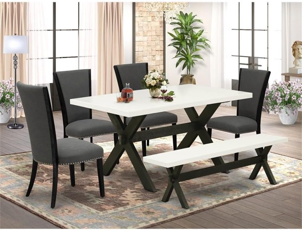 East West Furniture X626VE650-6 6 Piece Dining Set Contains a Rectangle Dining Room Table with X-Legs and 4 Dark Gotham Linen Fabric Parson Chairs with a Bench, 36x60 Inch, Multi-Color