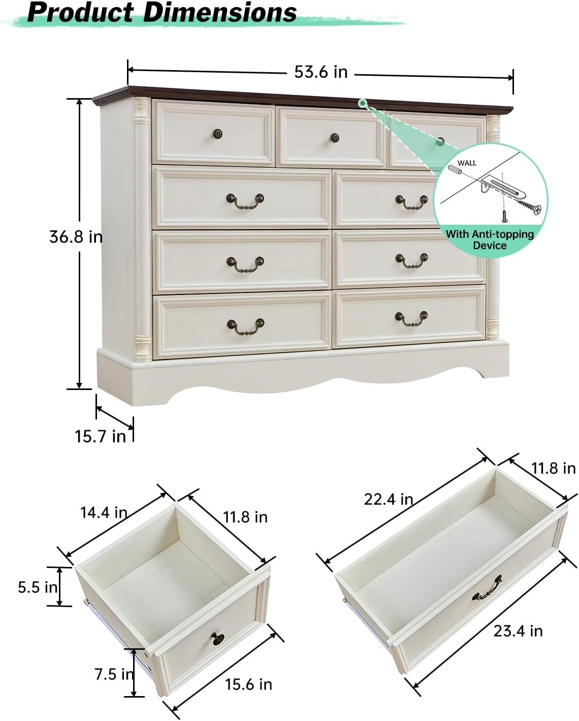 Farmhouse 9 Drawers Dresser for Bedroom with Charging Station, 54" Wide Wood Country Rustic Storage Dressers Organizer, Vintage Design Chest of Drawers TV Stand, Antique White