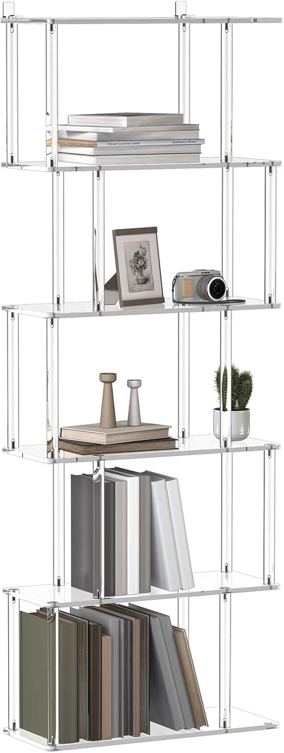 Acrylic Geometric Bookshelf, 6-Tier Clear Bookcase, S Shaped Bookshelf, Modern Display Book Shelf for Living Room, Bedroom, Office, 9.3" D x 22.4" W x 61.46" H, Easy Assembly