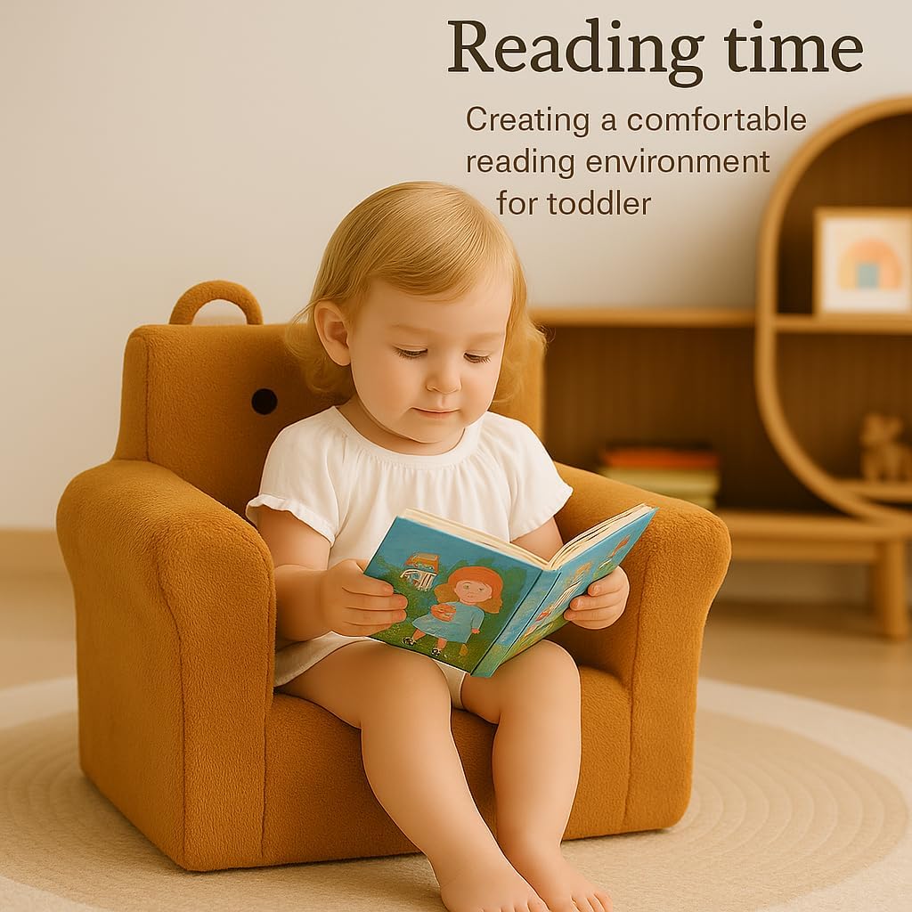 Cute Animal Toddler Foam Chair, Soft Faux Rabbit Fur, Comfy Toddler Lounge Chair and Couch with Arms, Removable Washable Cover, Kids Reading, Relaxing, for Playroom, Bedroom, Ages 1-3, Bear