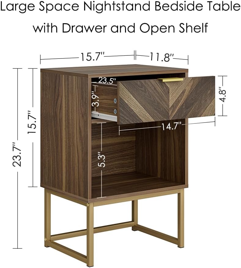 Masupu Nightstand,Modern Night Stand Boho Farmhouse Wood Bedside Table with Storage Drawer Side End Table for Bedroom,Living Room,Office,Walnut Brown