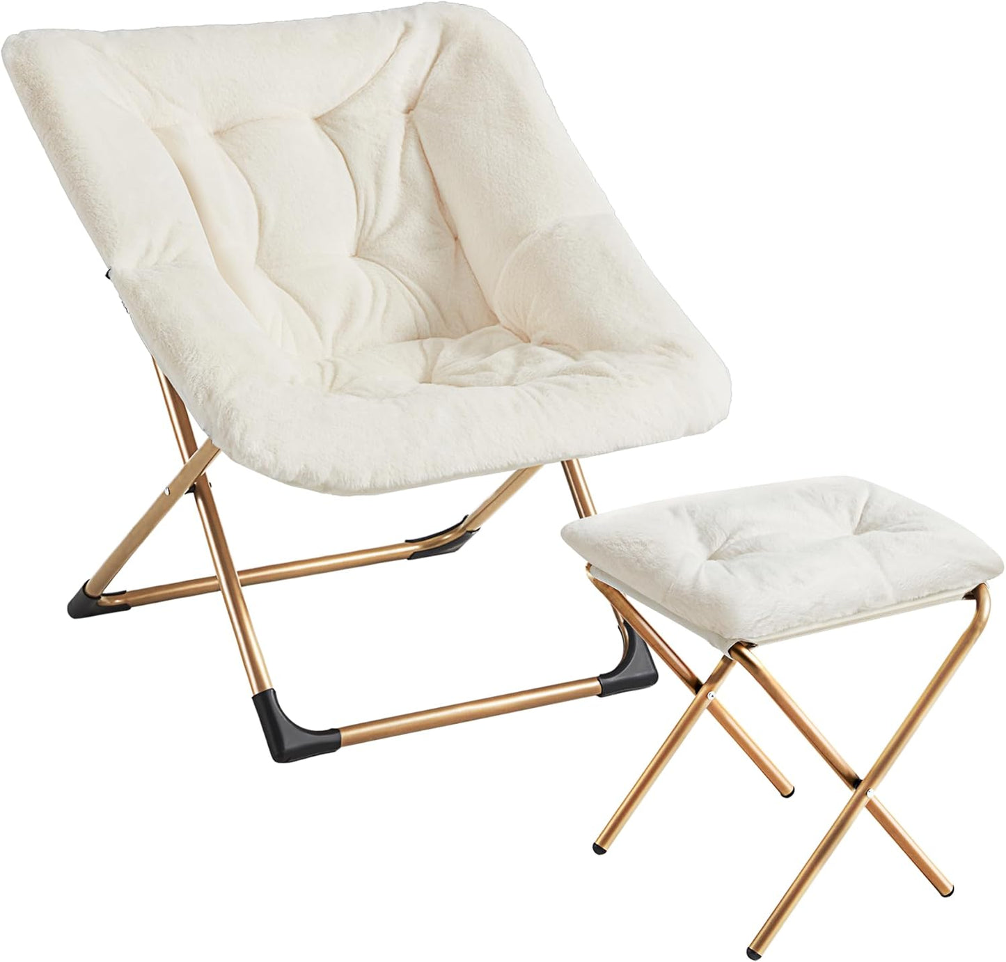 Comfy Oversized Saucer Chair with Ottoman,Soft Faux Fur Reading Lounge Chair for Adults,Stable X-Large Metal Frame and Non-Slip Pad,Cozy Chair for Bedroom, Living Room, Dorm, Office, Beige