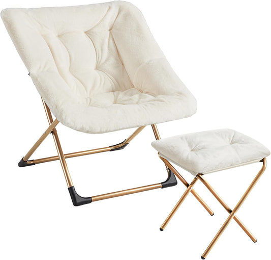 Comfy Oversized Saucer Chair with Ottoman,Soft Faux Fur Reading Lounge Chair for Adults,Stable X-Large Metal Frame and Non-Slip Pad,Cozy Chair for Bedroom, Living Room, Dorm, Office, Beige