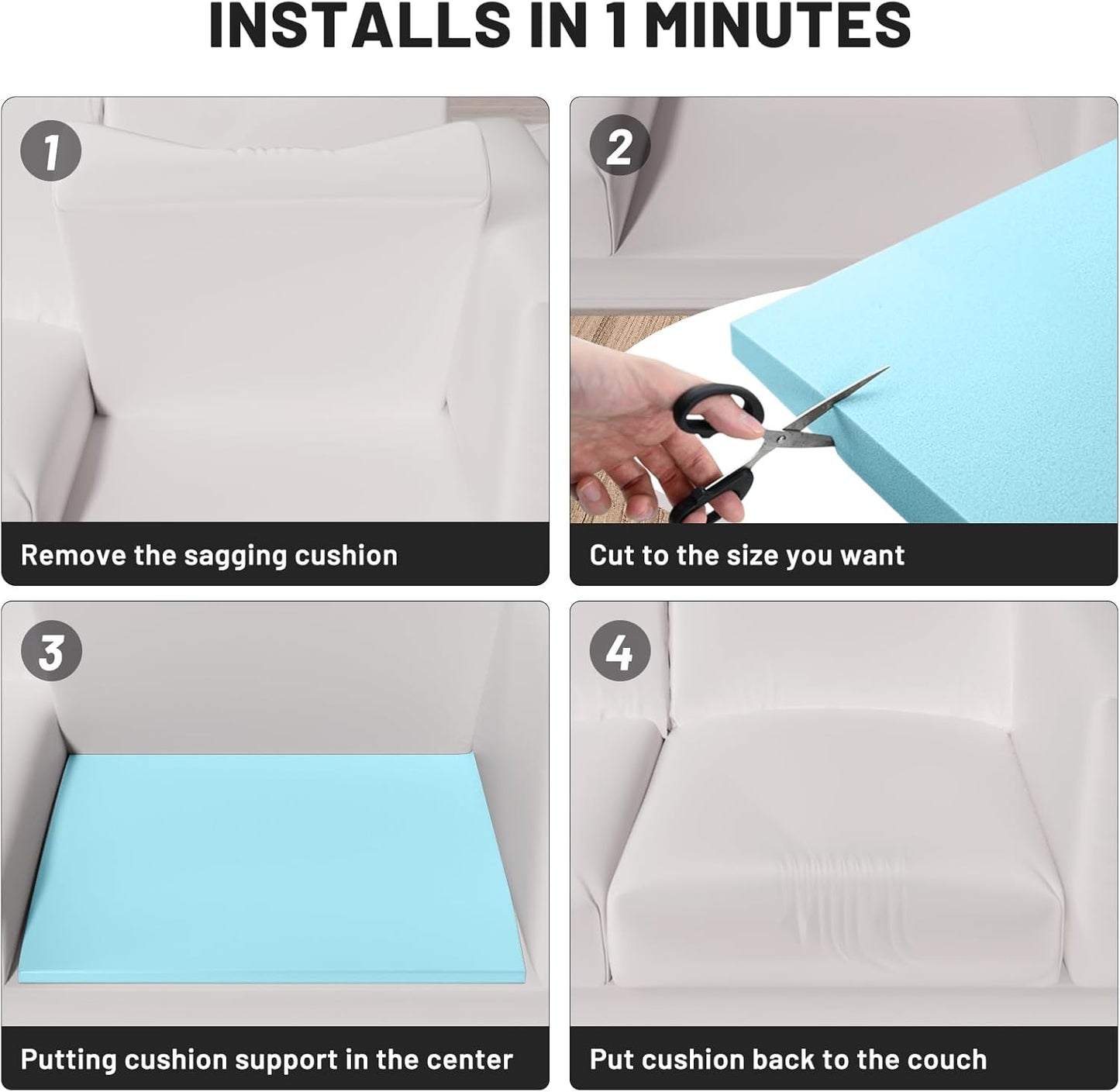 Couch Cushion Support for Sagging Seat – 3 Pack 20x20x3.15 Inch Sofa Cushion Board Saver & Replacement Insert for Saggy Couch or Chair, Quick No-Tool Install with 40D Memory Foam