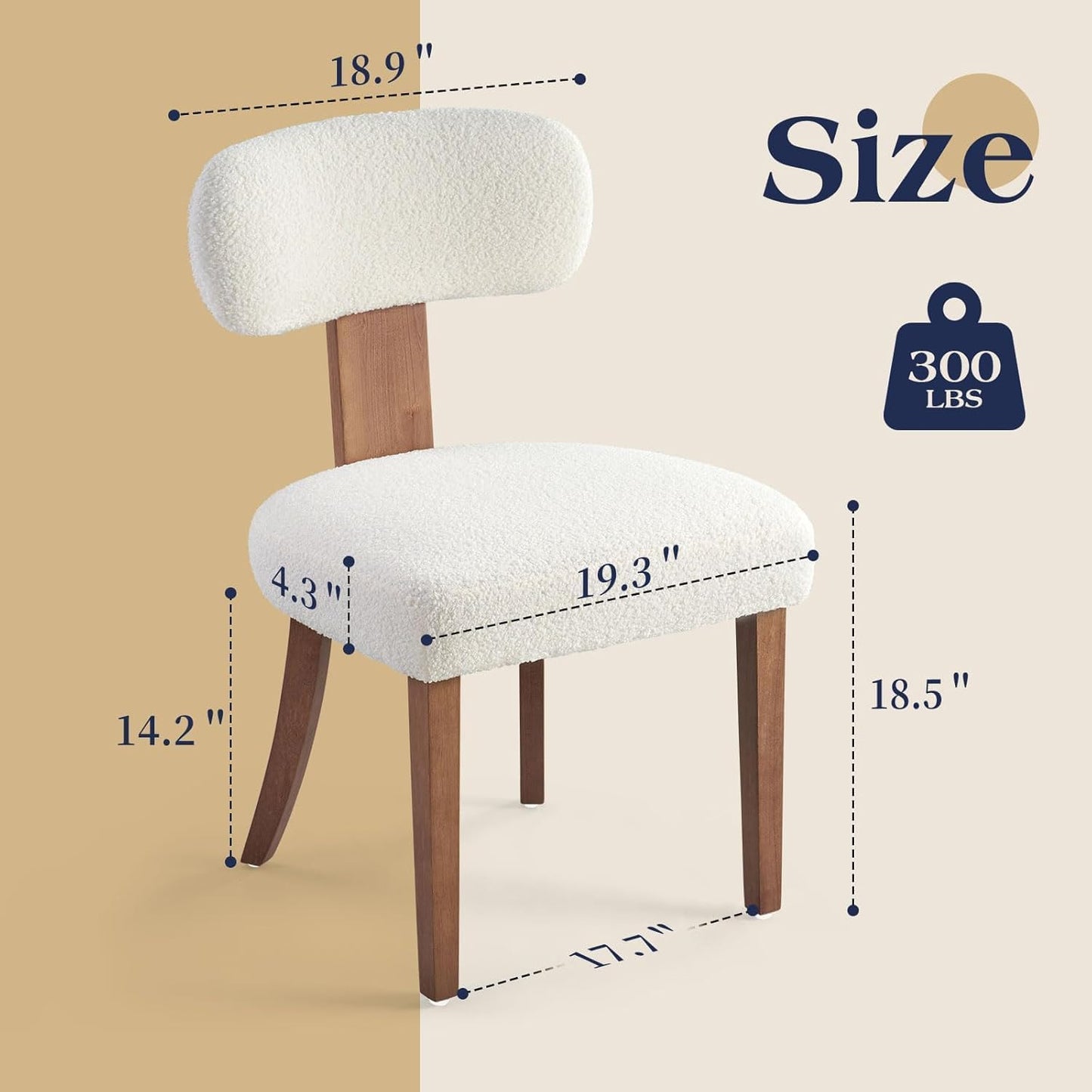 Farmhouse Chair Set of 2, Mid Century Modern Dining Chairs, Sherpa Upholstered Kitchen Chairs with Curved Backrest & Adjustable Legs for Living Room/Bedroom, Easy to Install, White Sherpa