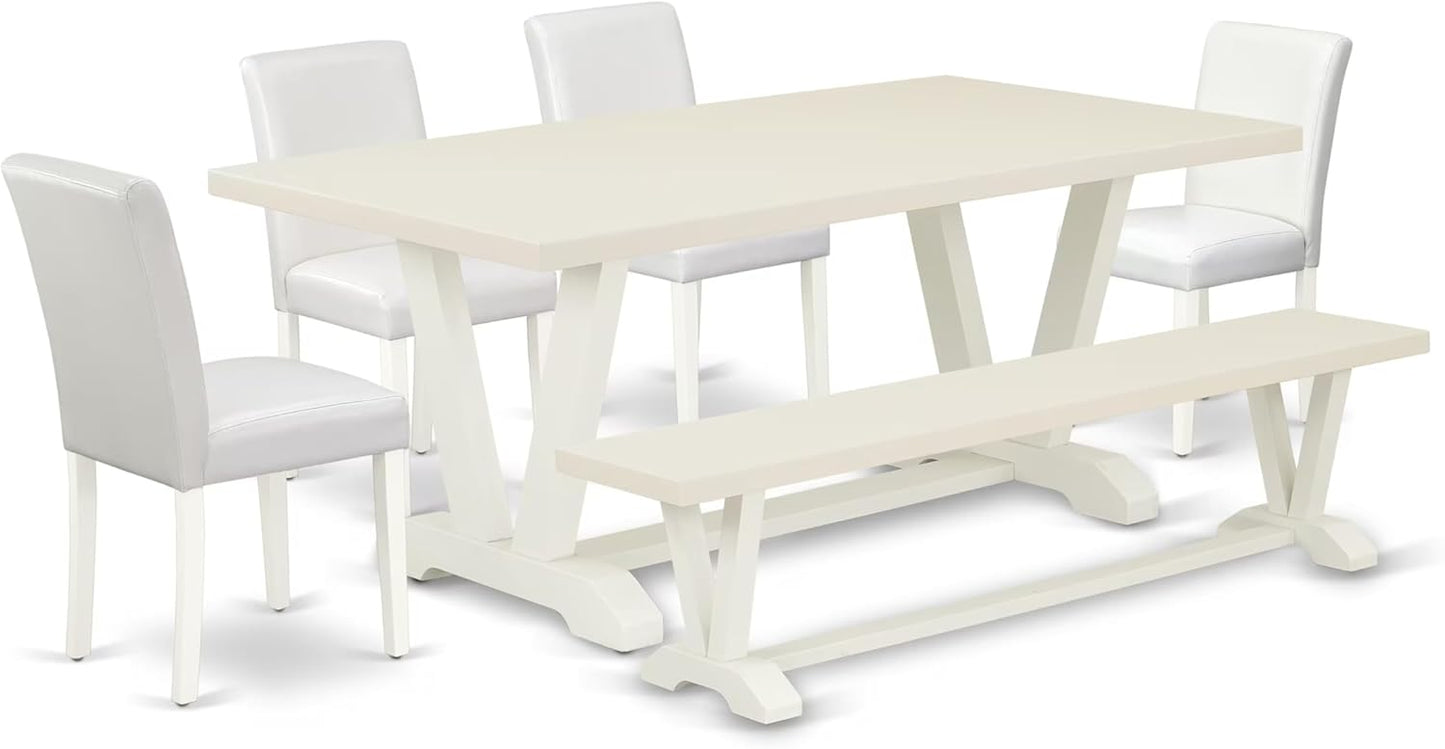 East West Furniture V027AB264-6 6 Piece Dining Set Contains a Rectangle Dining Room Table with V-Legs and 4 White Faux Leather Parson Chairs with a Bench, 40x72 Inch, Multi-Color