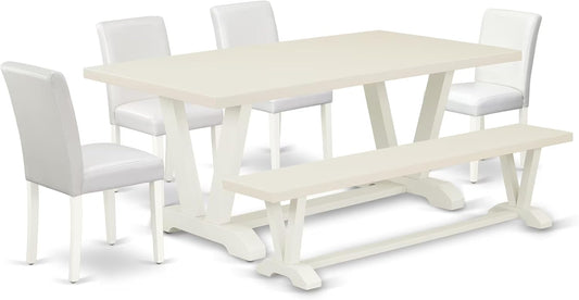 East West Furniture V027AB264-6 6 Piece Dining Set Contains a Rectangle Dining Room Table with V-Legs and 4 White Faux Leather Parson Chairs with a Bench, 40x72 Inch, Multi-Color