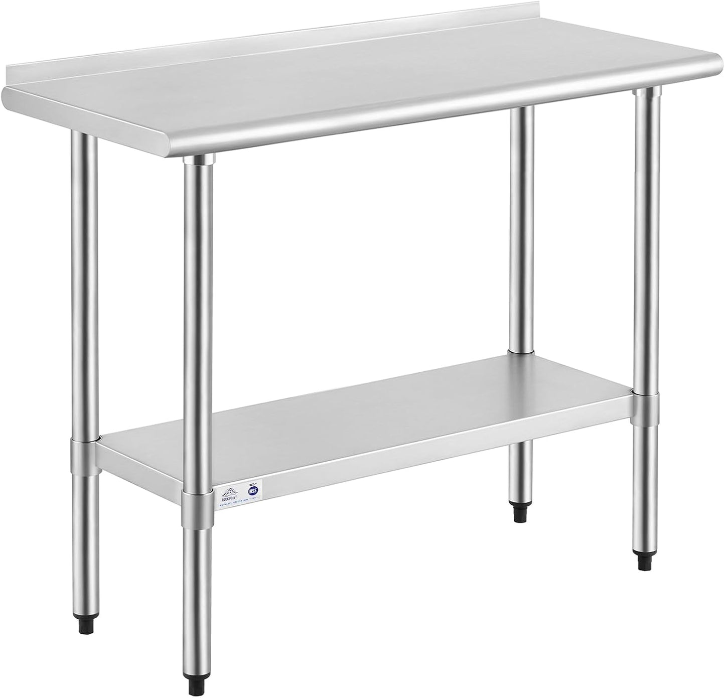 ROCKPOINT Stainless Steel Table for Prep & Work with Backsplash 18x36 Inches, NSF Metal Commercial Kitchen Heavy Duty Table with Adjustable Under Shelf and Table Foot for Restaurant, Home and Hotel