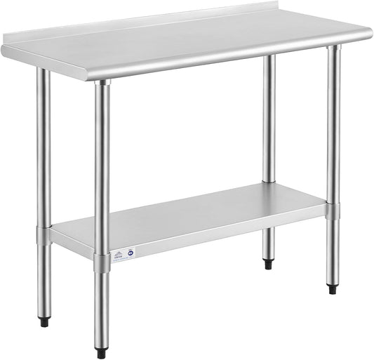 ROCKPOINT Stainless Steel Table for Prep & Work with Backsplash 18x36 Inches, NSF Metal Commercial Kitchen Heavy Duty Table with Adjustable Under Shelf and Table Foot for Restaurant, Home and Hotel