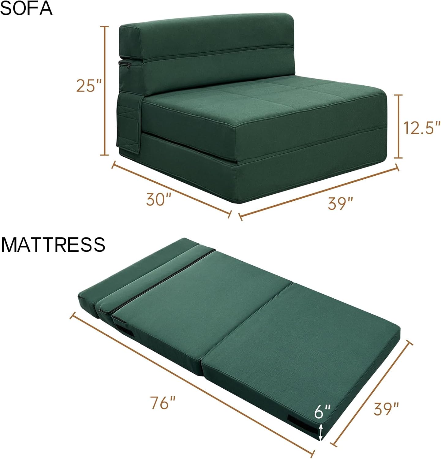 ANONER Memory Foam Fold Out Sofa Bed Couch with Pillow Twin Size Futon Sleeper Chair for Living Room Apartment, Dark Green