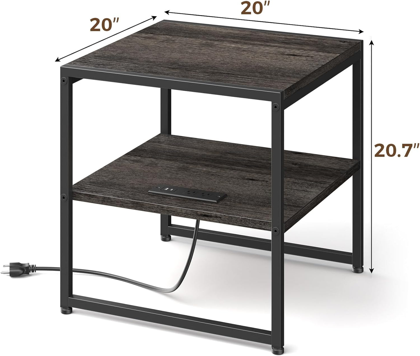 Tatub 20" End Table with Charging Station, Industrial Square Side Table with USB Ports & Outlets, Versatile 2-Tier Small Nightstand for Bedroom Living Room, Grey