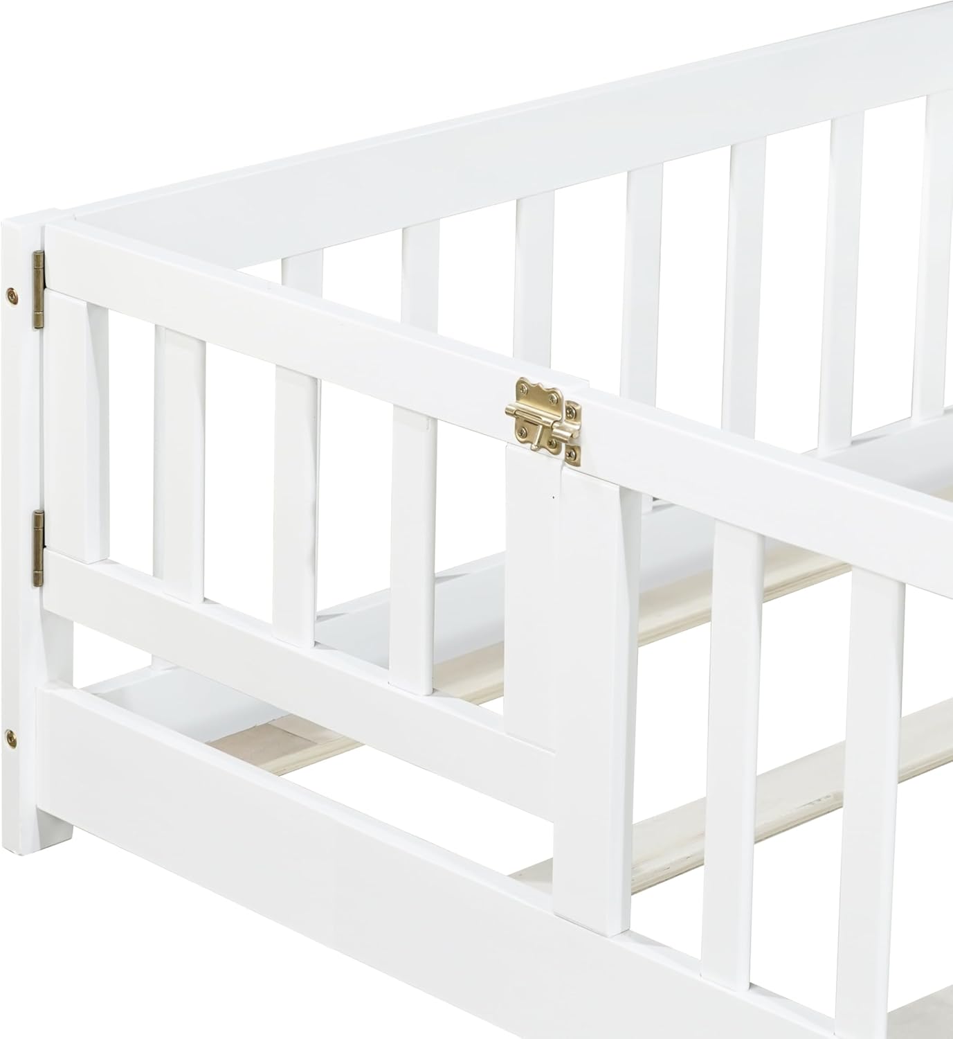 Twin Floor Bed with Slats and Center Support Bar, Wood Montessori Floor Bed with Fence and Door, Kids Montessori Bed Twin Size, Twin Size Montessori Floor Bed for Kids, Girls, Boys(Twin White)