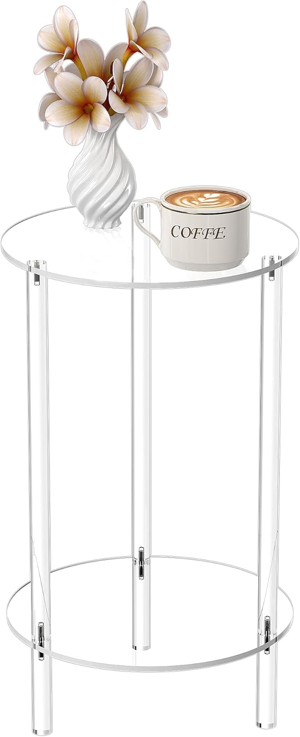 HMYHUM Acrylic Round Side Table for Small Spaces, 11.8" L x 11.8" W x 20.2" H, Small Nightstand/Bedside/End Table for Living Room, Bedroom, 2-Tier, Clear