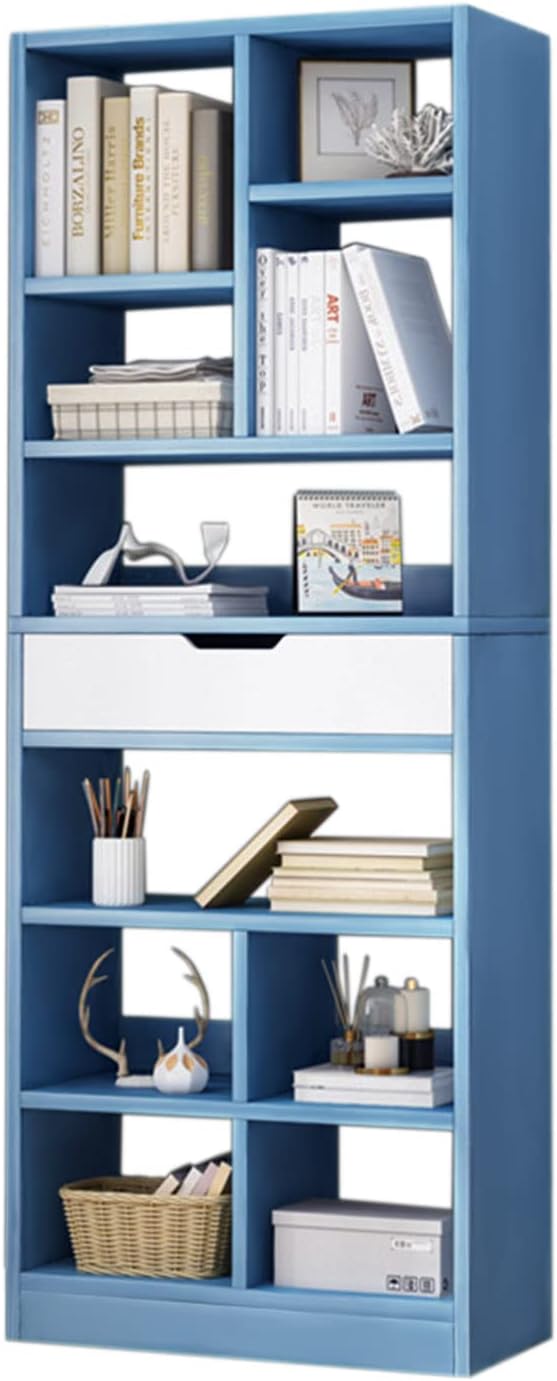 IOTXY Wooden Open Shelf Bookcase - 71 Inches Tall Freestanding Display Storage Cabinet Organizer with 10 Cubes and a Drawer, Floor Standing Bookshelf in Bright Blue