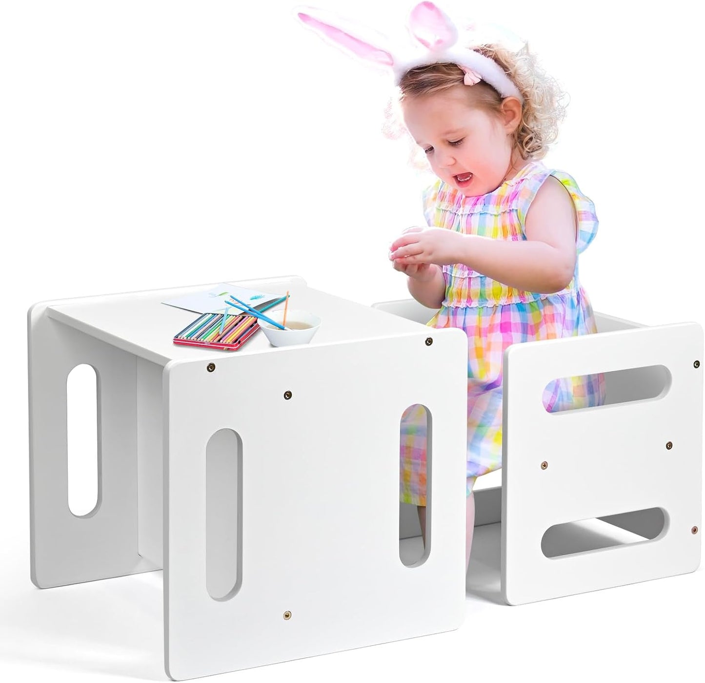 Kids Table and Chair Set,Montessori Weaning Table and Chair,Natural Bamboo Small Desk Chair,Toddler Activity Table and Chair Set for 1-3 Year Old Kids Dinner,Reading,Playing Toys,CPC Certified, White