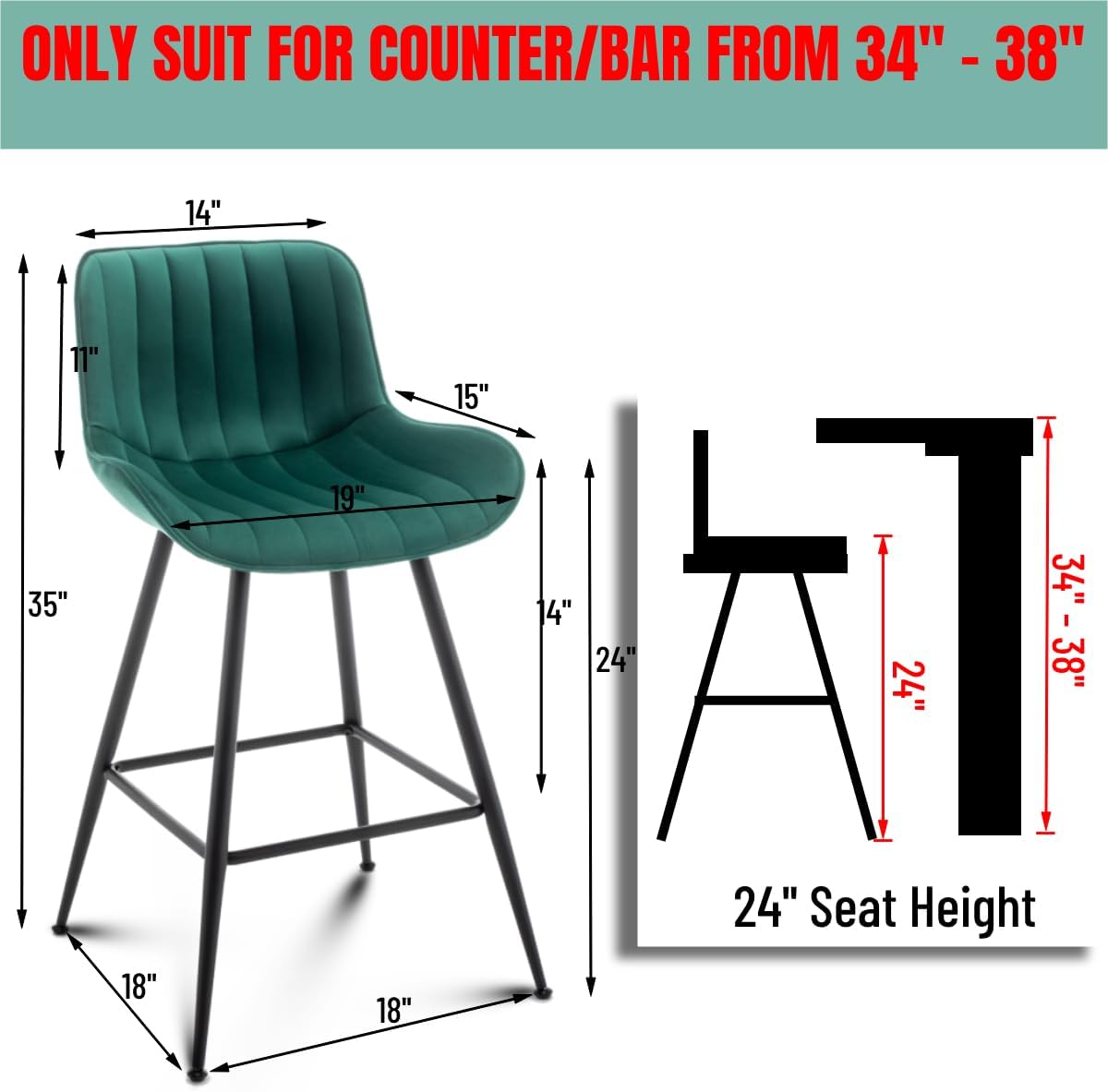 24 Inches Velvet Upholstered Island Stools, Bartools Set of 2, Fabric Counter Stools with Back, Counter Height Bar Chairs with Black Legs for Home Kitchen Island, Green.