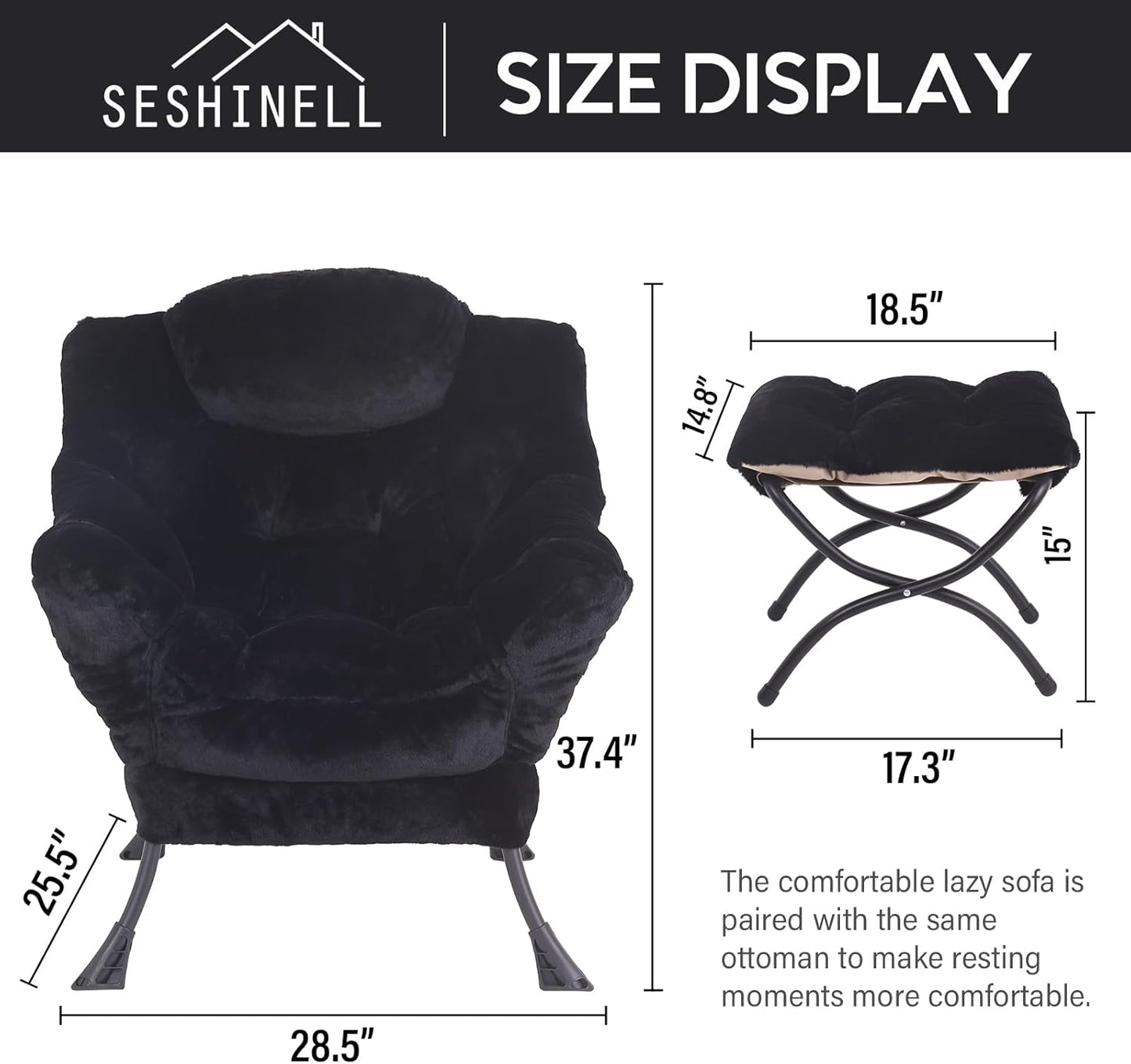 Lazy Chair with Ottoman, Modern Accent Chair Lounge Leisure Sofa Chair with Armrests, Reading Chair and Folding Footstool for Living Room, Bedroom, Office, Plush Black