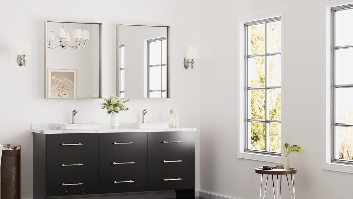 Keonjinn 24 x 32 in Brushed Nickel Bathroom Mirror for Wall, Silver Rectangular Metal Framed Vanity Mirror for Bathroom Sink Square Corner Aluminum Alloy Modern Rectangle Mirror(Horizontal/Vertical)
