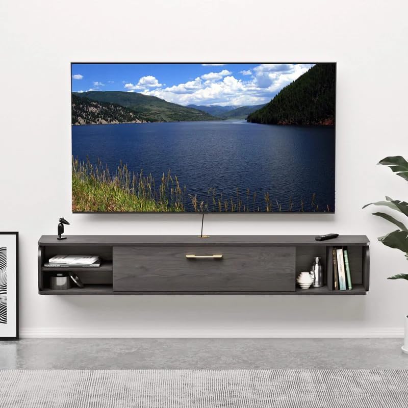 Floating TV Unit, 47'' Wall Mounted TV Cabinet, Floating Shelves with 4 Cabinets, Wooden Entertainment Media Console Center Large Storage TV Bench for Living Room & Office (47IN, Dark Grey)