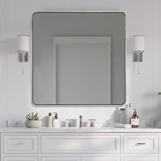 ANDY STAR 36x36 Inch Chrome Mirrors for Bathroom, Chrome Square Bathroom Vanity Mirror, Rounded Mirror, Anti-Rust SUS304, Seamless Tube Metal Frame, 1’’ Deep Wall Mounted Vertically/Horizontal