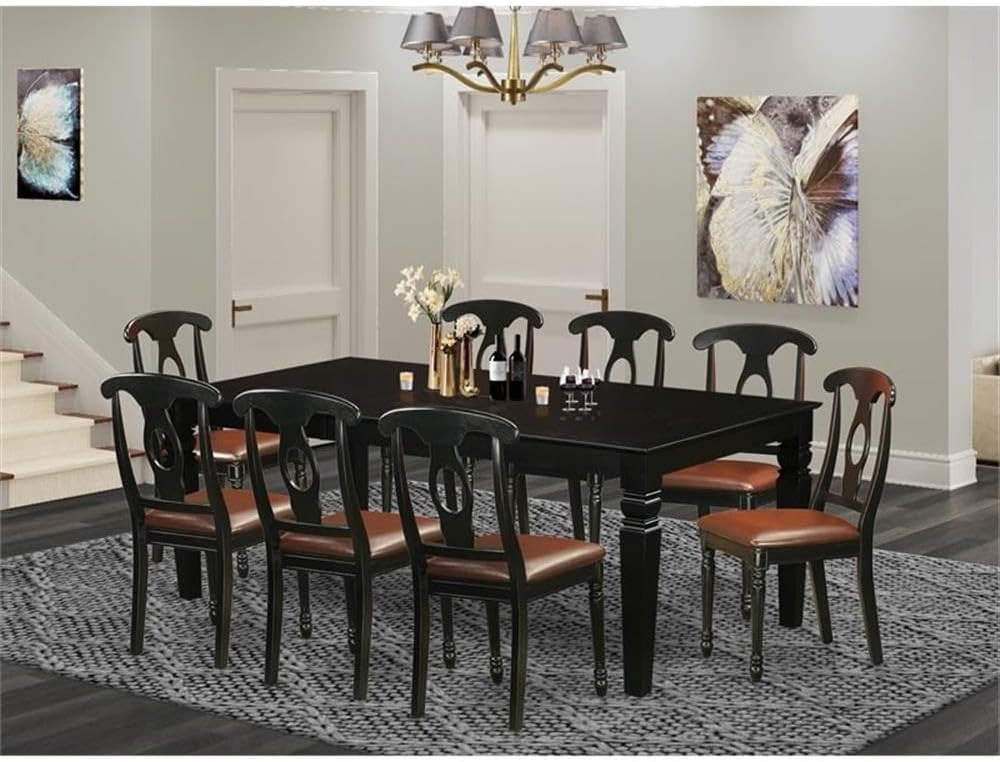 East West Furniture LGKE9-BLK-LC 9 Piece Dining Room Set Includes a Rectangle Kitchen Table with Butterfly Leaf and 8 Faux Leather Upholstered Dining Chairs, 42x84 Inch, Black