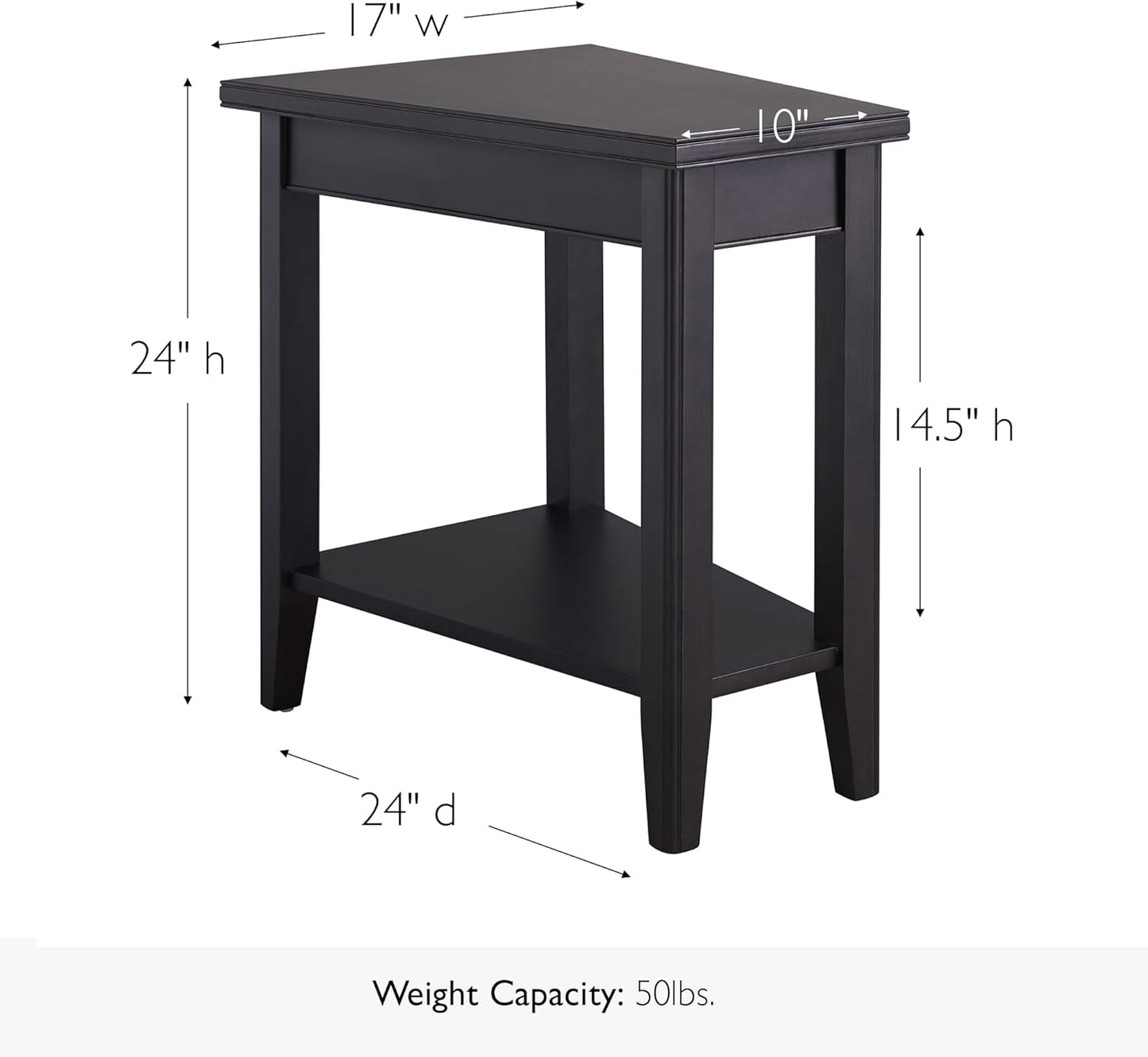 Leick Home Laurent End Table, Solid Wood, Narrow Wedge Shape, Bottom Display Shelf, Easy-Assembly, For Living Room/Bedroom, Black, 24.0 in. L x 17.0 in. W x 24.0 in. H, 10502-BK