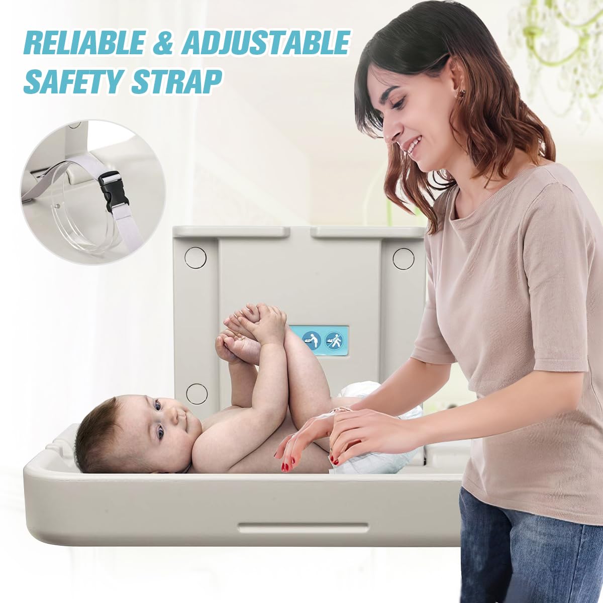 Fold Down Baby Changing Station Wall Mount Horizontal Baby Change Table with Safety Straps for Commercial Restrooms (2 White Granite)