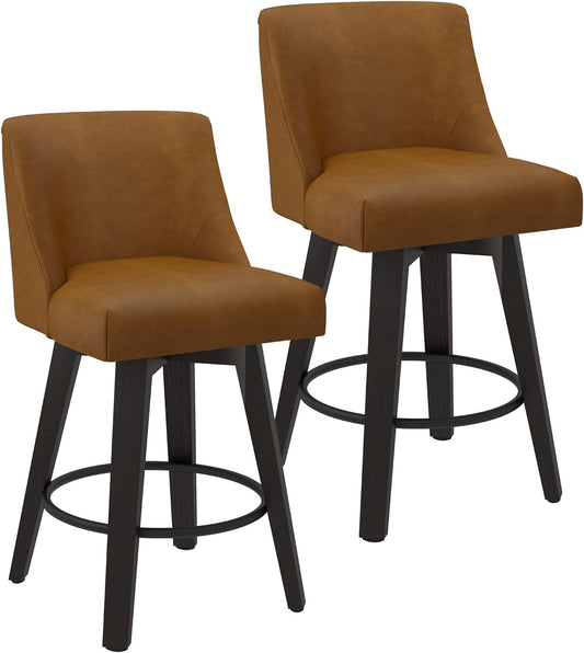 Counter Height Swivel Bar Stools Set of 2, 26 Inch Bar Stools with Footrest, Faux Leather Upholstered Barstools with Back and Solid Wood Legs for Kitchen Island, Dining Room,Pub,Brown