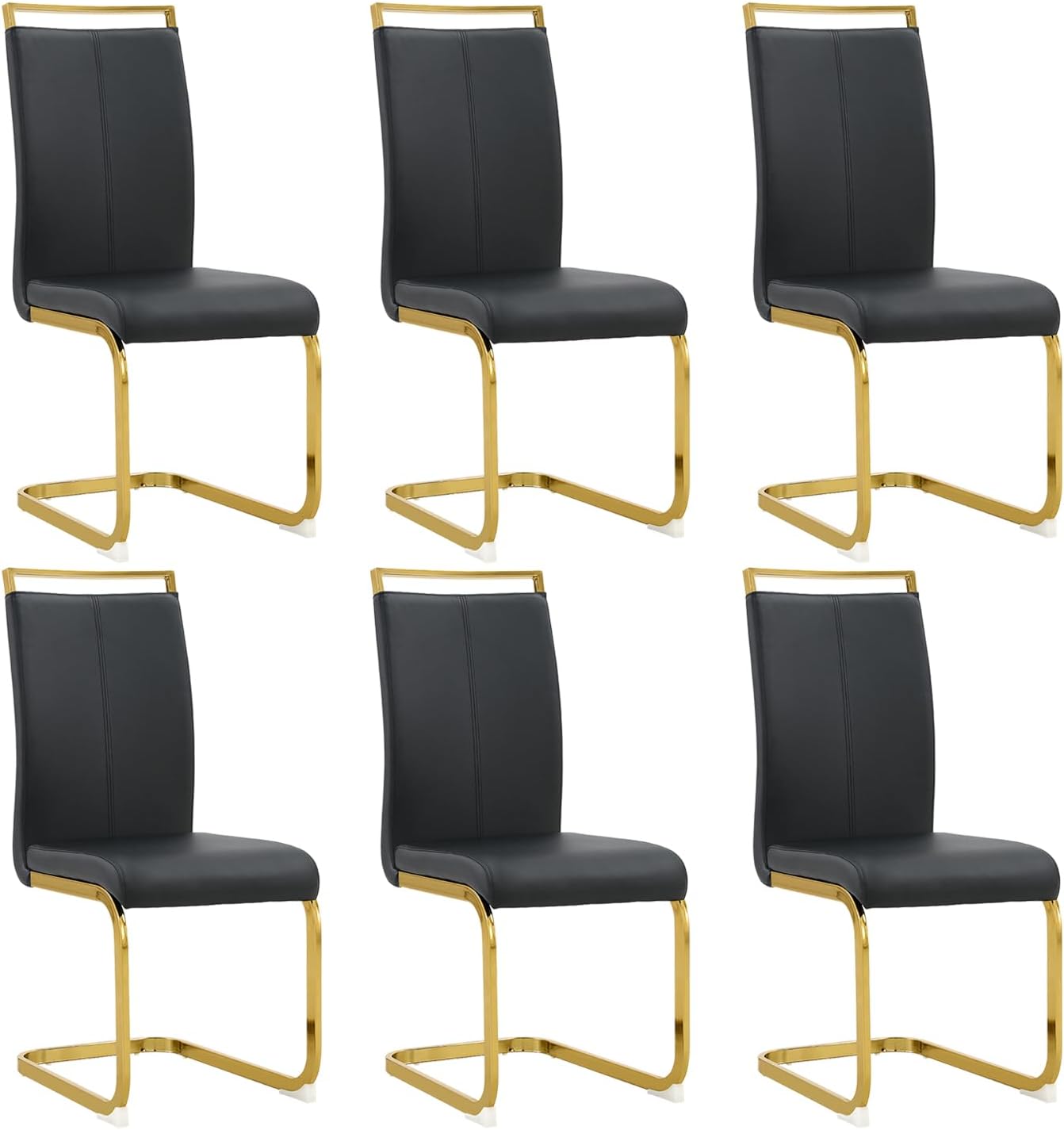 Modern Dining Chairs Set of 6,High Back Black Kitchen Chairs,Faux Leather Side Chair with Gold Plated Metal Legs,Easy to Clean Upholstered Dining Chairs,Ideal for Living Room(Gold Leg)