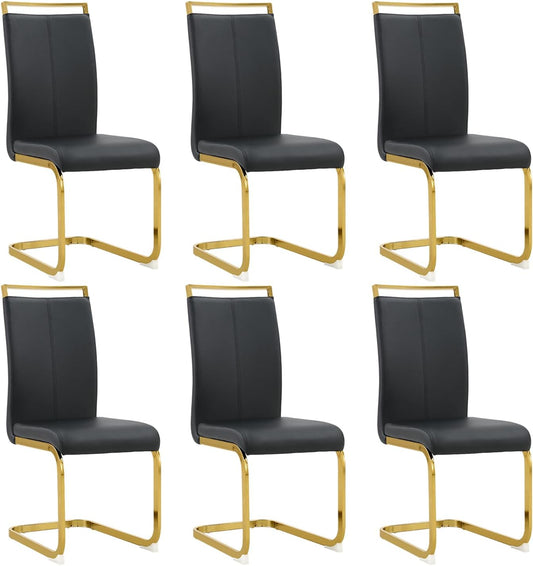 Modern Dining Chairs Set of 6,High Back Black Kitchen Chairs,Faux Leather Side Chair with Gold Plated Metal Legs,Easy to Clean Upholstered Dining Chairs,Ideal for Living Room(Gold Leg)