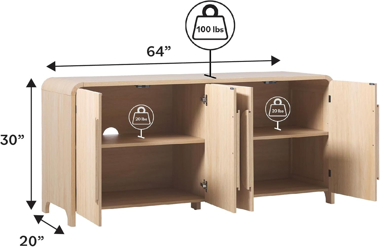 Walker Edison Chantelle Sideboard Buffet with Storage, 64", Coastal Oak