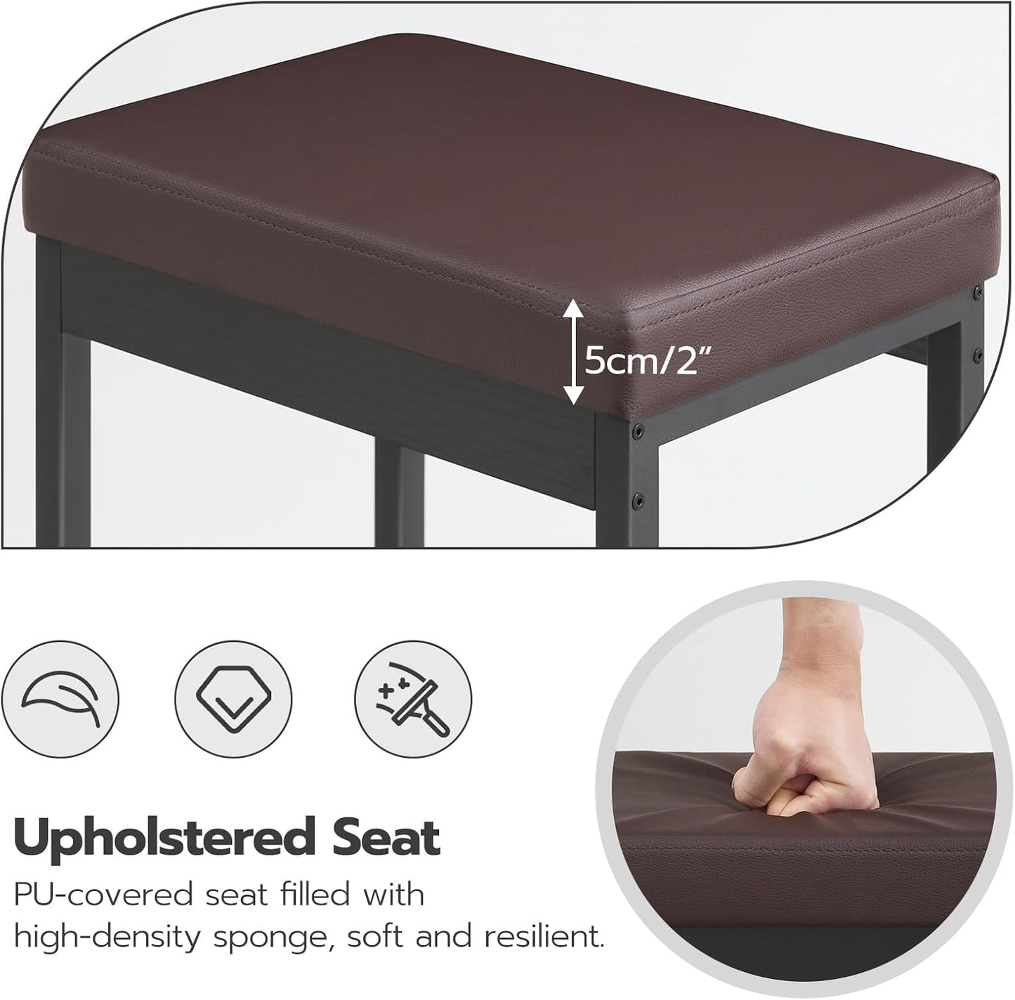 HOOBRO Bar Stools, Set of 2 Barstools, 24.8-Inch Height Stools, Breakfast Barstools, Kitchen Bar Chairs, 2" Thick Upholstery, for Kitchen, Dining Room, Cafe, Bar Counter, Brown and Black BC21BY01