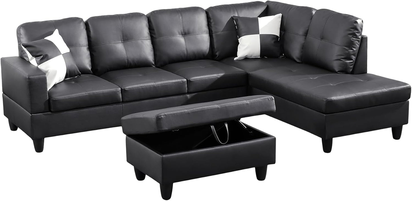 Couches for Living Room Faux Leather L Shaped Couch Comfy 3 Pieces Sectional Sofa with Chaise, Ottoman with Storage for Office and Small Apartment, Black