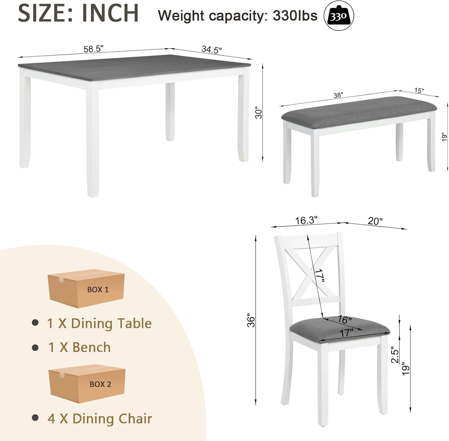 Ball & Cast 6 Piece Dining Table Set with 4 Upholstered Chairs & 1 Bench,Wooden Living Room Furniture for 6 W/ 58.5" Rectangle Kitchen Desk,for Dining Room,Home Bistro,Apartment,White+Gray