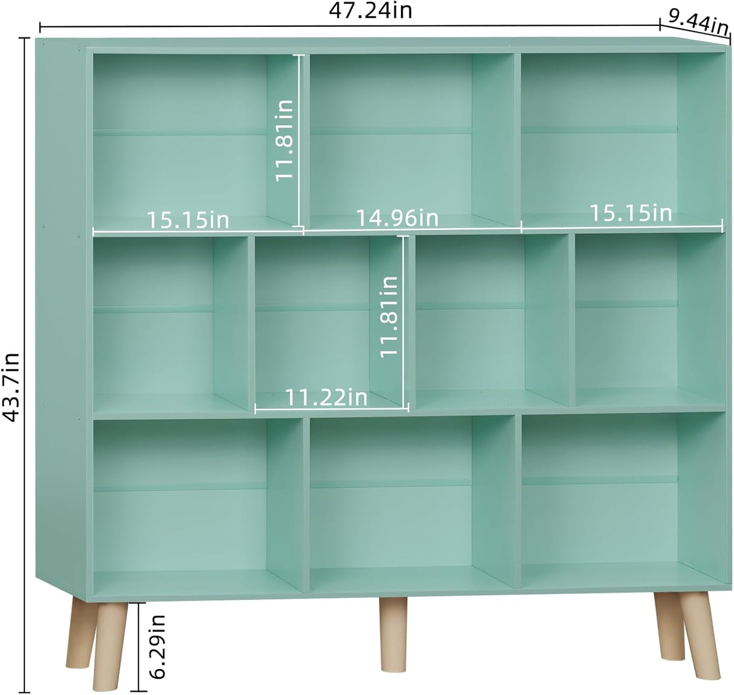 LEYAOYAO 10 Cube Bookshelf,3 Tier Modern Wide Bookcase with Legs,Mid-Century Wood Bookshelves Storage,Mint-Green Large Book Case,Freestanding Organizer Display Shelf for Bedroom,Living Room,Office