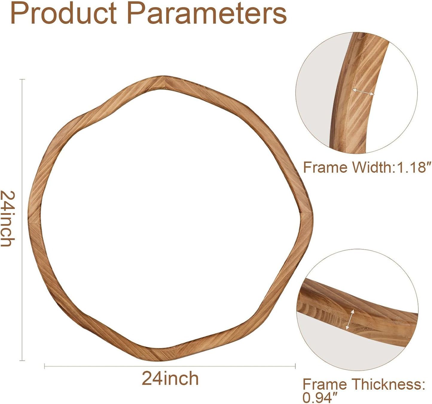 ULIKE Round Wood Mirror 24 Inch Circle Wall Mirror, Asymmetrical Bathroom Vanity Mirror with Wood Frame, Decorative Wall Mounted Mirror for Bedroom, Living Room, Entryway, Rustic Brown