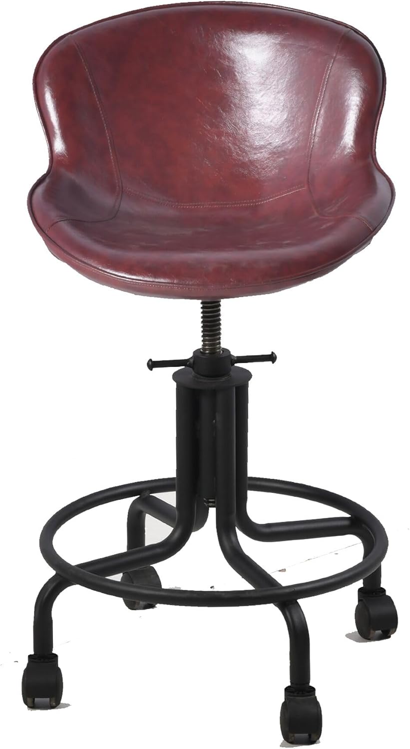 Topower Antique Industrial Design Metal Adjustable Height Kitchen Dining Breakfast Chair Industrial Style Bar Stool Fully Welded Maroon PU Leather Seat
