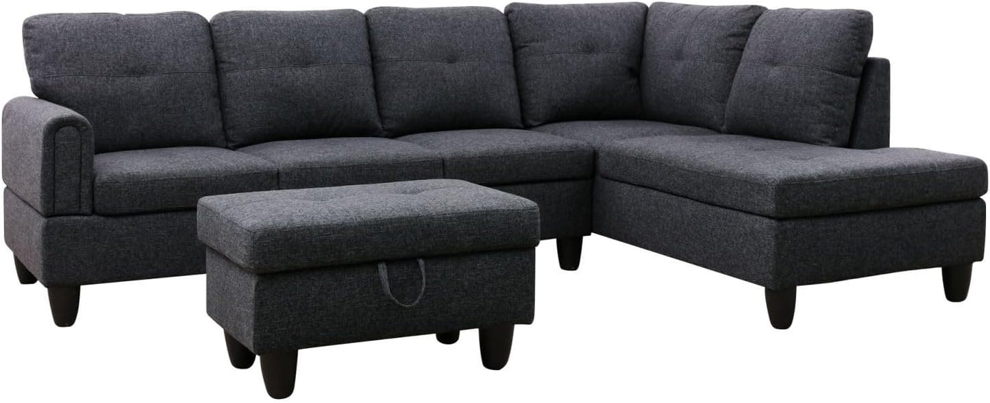 Black Grey L-Shaped 3-Piece Linen Sofa with Storage Ottoman Set, Sectional Couch Sofa Set for Living Room, Office, Small Space