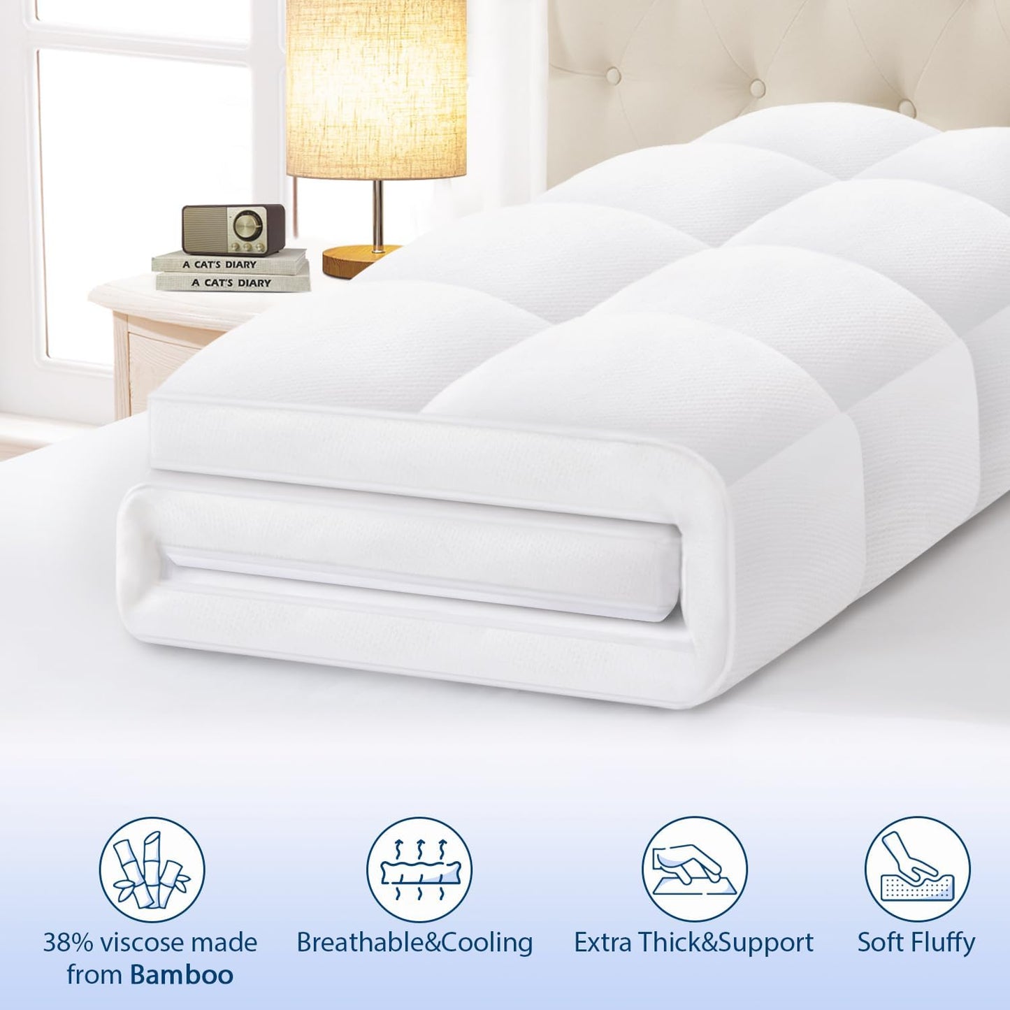 ELEMUSE Full Cooling Bamboo Viscose Mattress Topper for Back Pain, Extra Thick Mattress Pad Cover, Plush Soft Pillowtop with Elastic Deep Pocket, Overfilled Down Alternative Filling