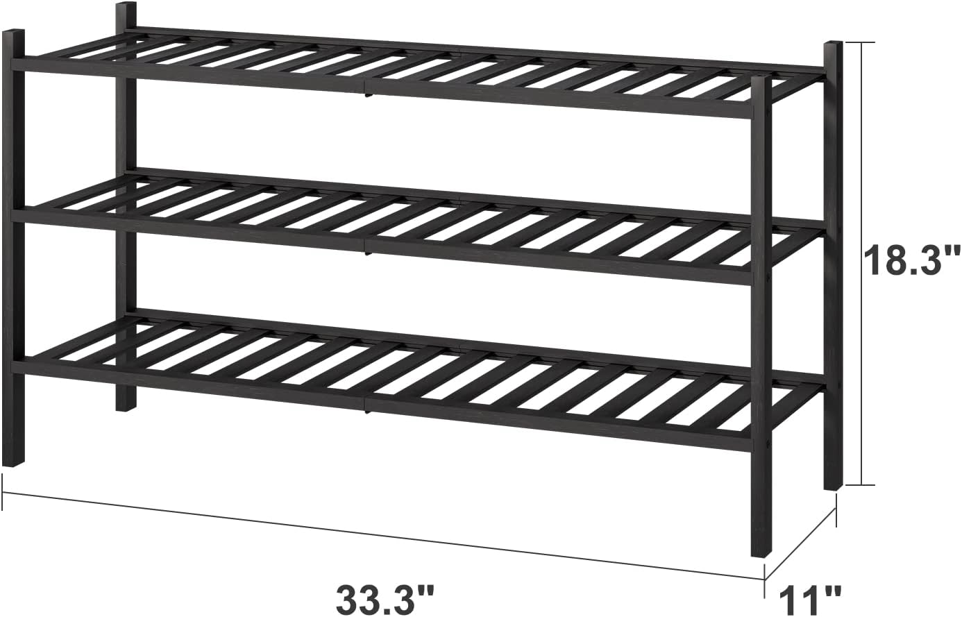 3-Tier Long Black Shoe Rack, Bamboo Wood Shoe Rack for Closet, Entryway & Hallway, Stackable | Functional | Sturdy