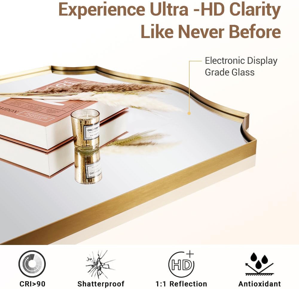 ANDY STAR 30"x40" Brushed Gold Bathroom Mirror, Large Rectangle Scalloped Mirror, Antique Brass Mirror in Rust-Proof Stainless Steel 1" Frame, Unique Wavy Design, Ideal for Home Remodel