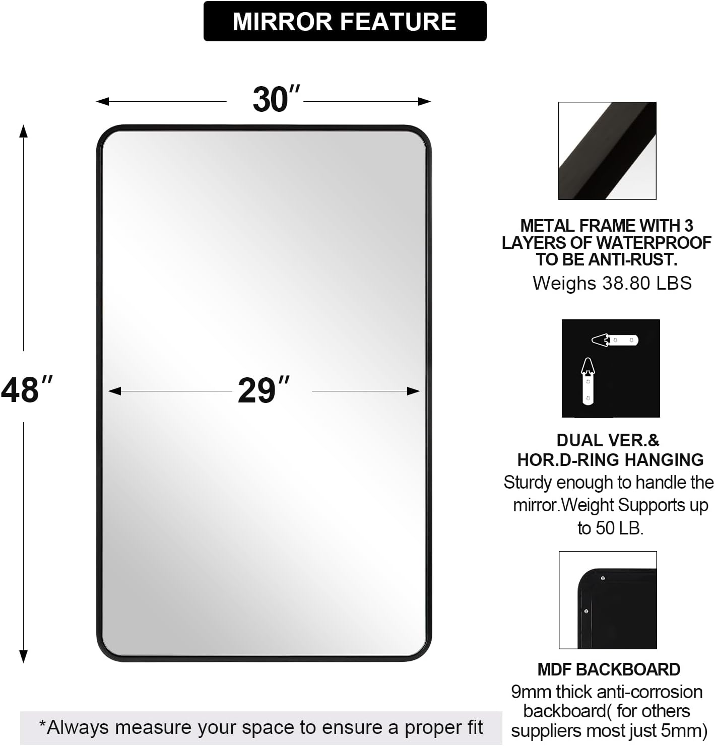 ANDY STAR 30’’x48’’ Black Bathroom Mirror, Rounded Rectangle Black Metal Framed Bathroom Vanity Mirror for Wall, Iron Tube, 1’’ Deep, Wall-Mounted Horizontal/Vertical