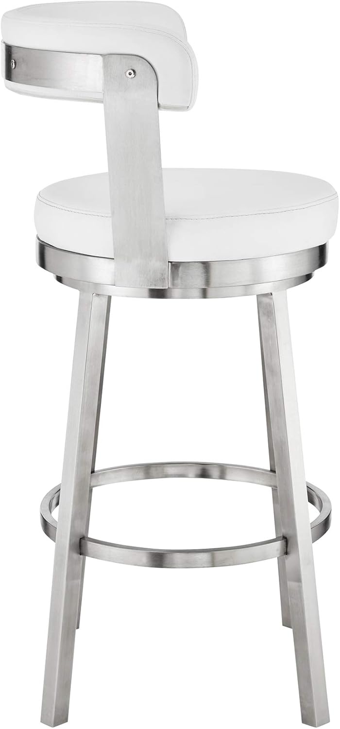 Armen Living Bryant Modern 30" Seat Height White Faux Leather and Brushed Stainless Steel Metal Swivel Bar Stool for Kitchen Island Counter
