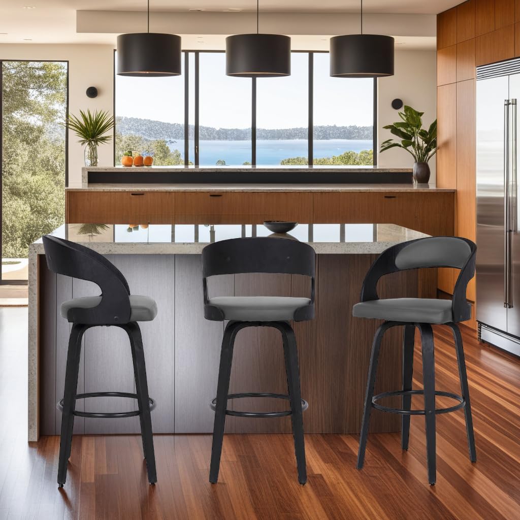 Armen Living Shelly 26" Counter Height Swivel Gray Faux Leather and Black Wood Bar Stool