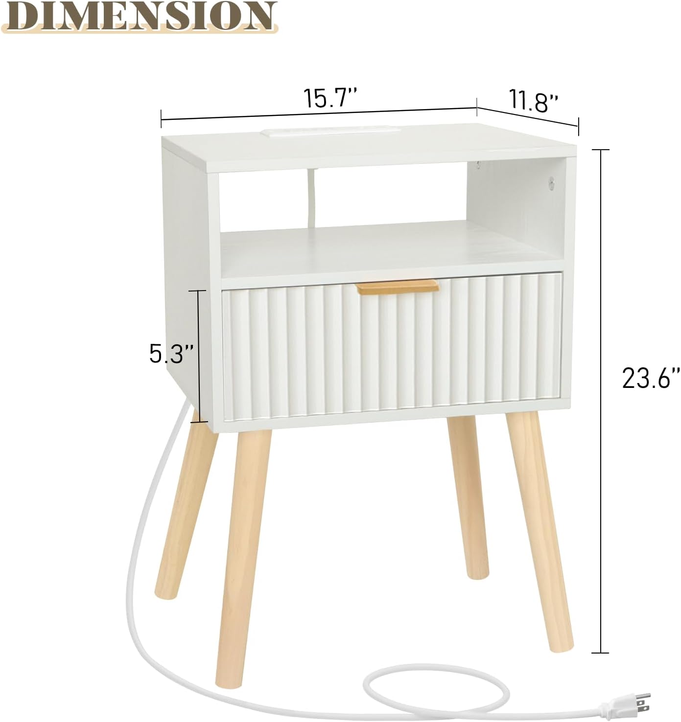 White Nightstand with Charging Station, Modern Bedside Table with Drawer and Solid Wood Legs, Fluted End Side Table for Bedroom, Dorm and Small Space (White)
