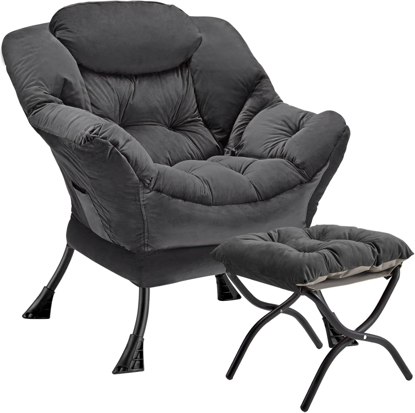 Lazy Chair with Folding Ottoman Modern Large Accent Chair,Contemporary Lounge Leisure Sofa Chair with Armrests Upholstered Sofa Armchair Reading Chair for Bedroom,Dorm & Office (Dark Grey-f)