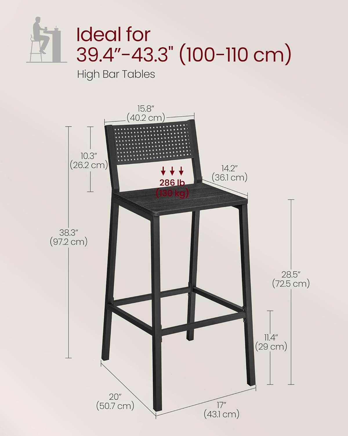 VASAGLE Bar Stool Set of 2, Bar Chairs for Kitchen, Dining Room, Industrial, Charcoal Gray and Black ULBC070B22