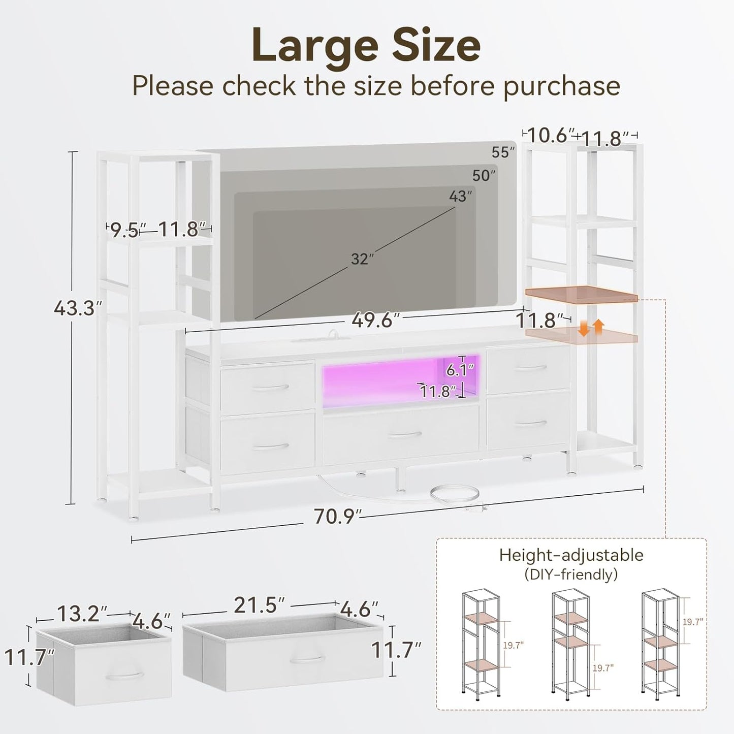 Casaottima 71" TV Stands for 43, 50, 55 Inch TV Entertainment Center with LED Lights and Power Outlets, TV Stand for Living Room with 5 Fabric Drawers & Shelf, TV Console Cabinet for Bedroom, White