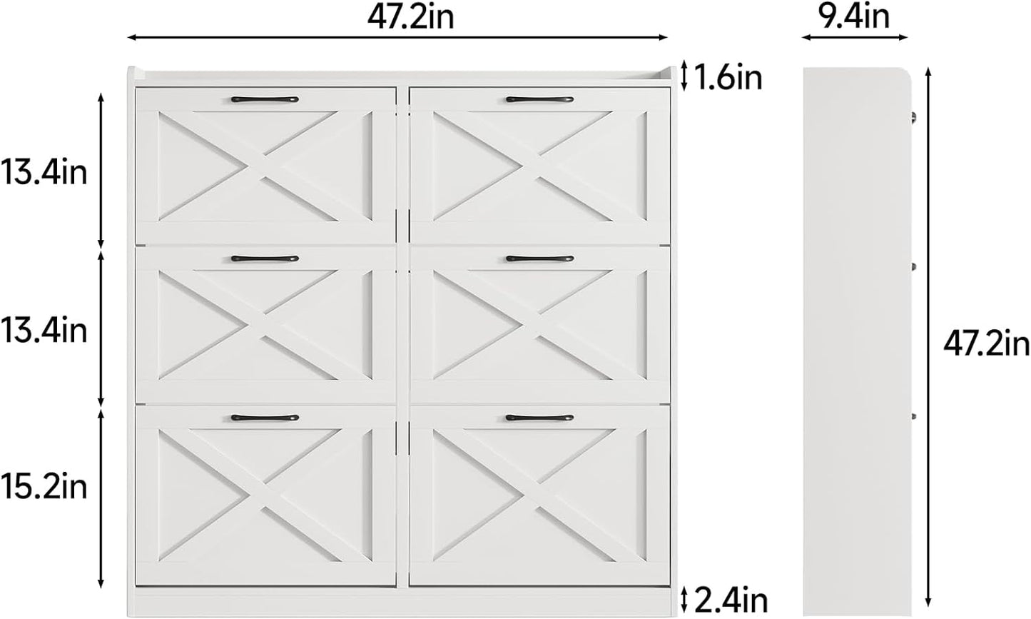 Maupvit Large Shoe Storage Cabinet with 6 Flip Drawers, Freestanding Shoe Organizer with Metal Handles for Entryway, Narrow Shoe Rack Cabinet, White